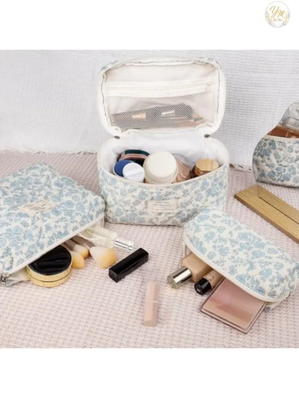Quilted Makeup Bag Set Large Cotton Cosmetic Organizer with Gold-Plated Zippers